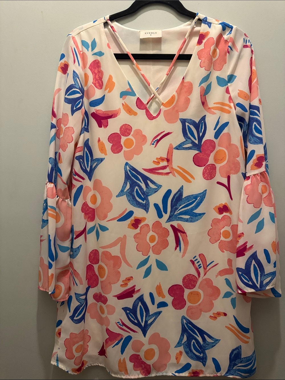 Everly Cream Floral V-Neck dress  with Coral & Blue Print